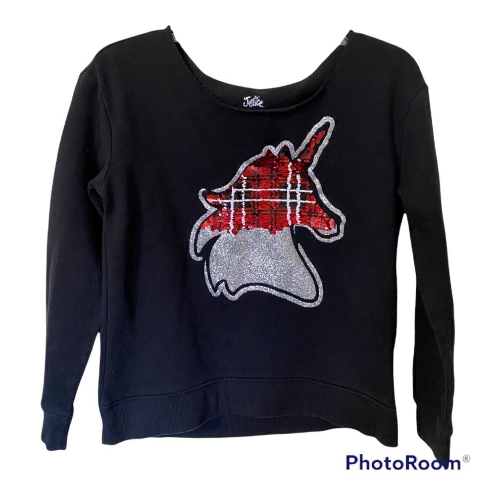 Justice Brand Plaid Sequin Unicorn Sweatshirt Top